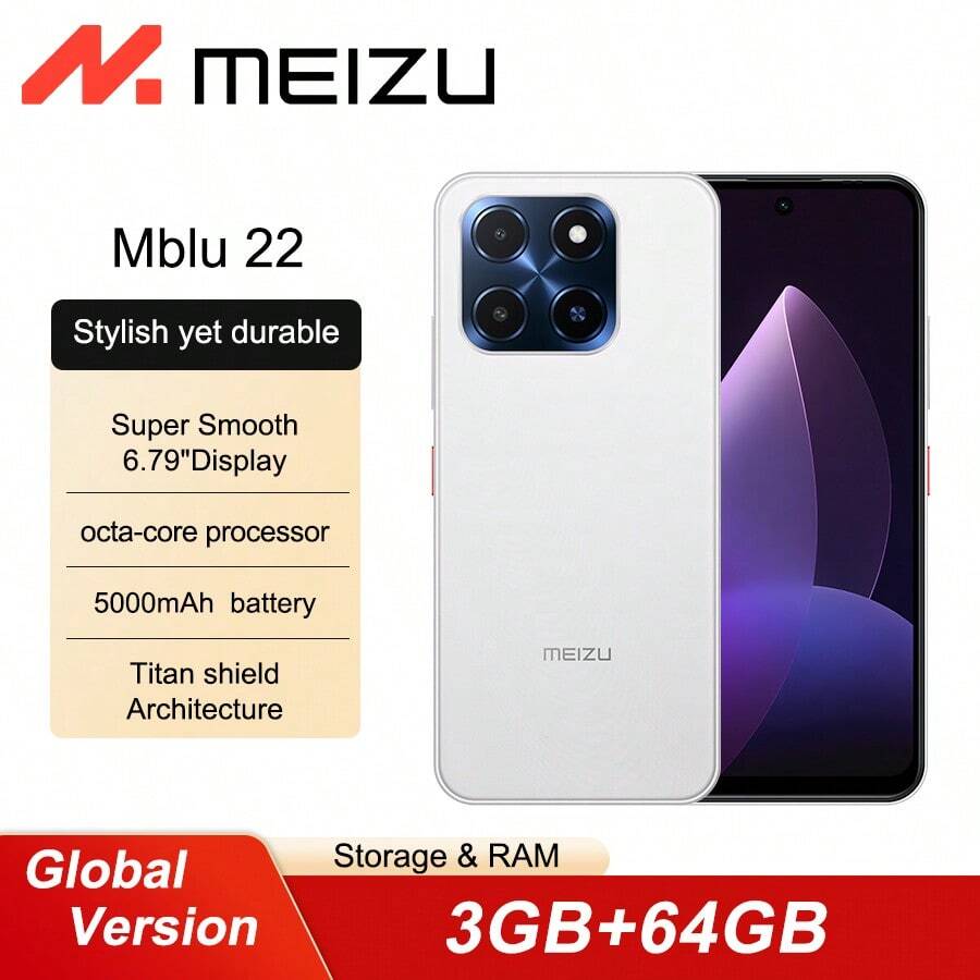 Meizu Mblu 22 3+64G 4+128G Smartphone Global Version 5000mAh High Capacity Battery Super Smooth 6.79" Display Dual SIM Android 15 - White - View 1