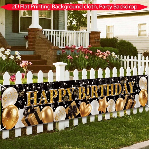 1 pièce Bannière de décoration de jardin pour anniversaire noire et dorée scintillante, design élégant de ballons et d'étoiles avec texte pailleté, en polyester, décoration pour anniversaire, mariage, balcon, patio, jardin, panneau de fête d'anniversaire