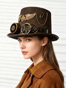 1pc Women Steampunk Hat, Solid Color Wide Brim Decorated With Metal Eyeglasses, Teeth, Chain, Felt Round Crown Costume Party Hat, Unisex Design - Multicolor - View 18