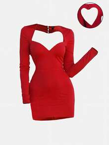 Vuslat 女士酒红色时尚甜心领低胸露背镂空短裙，女士露背镂空性感修身优雅连衣裙，适合派对、毕业典礼、婚礼、情人节、音乐节、嘉年华等场合。 - 深紅色 - 查看 6