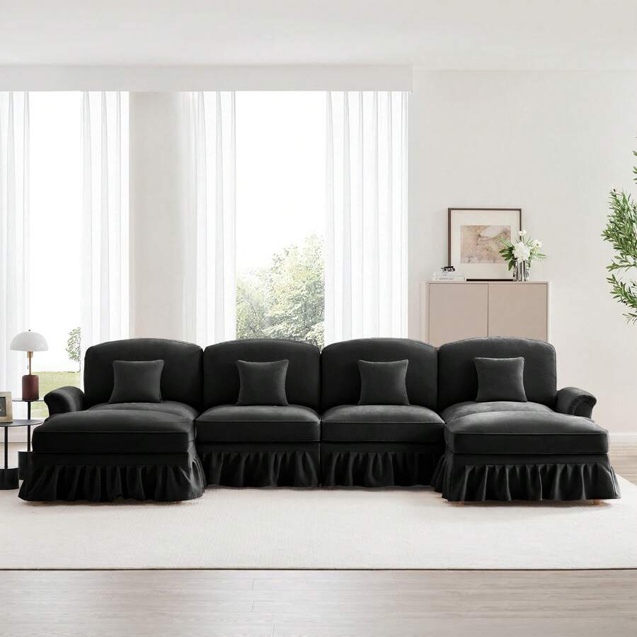 Classic U-Shaped 4 Seater Chenille Modular Sofa With Funnel Arms, Removable Ruffled Apron, Tapered Legs And Removable Footrest - Soft Cloud Sofa For Living Room, Black - Black - View 1