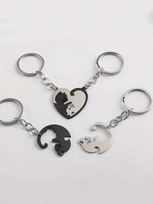 Personalized Pair Of Black And White Cat Keychains, Cat Design Heart-Shaped Separate Matching Keychain Set, Customized 2 Name Heart Cat Keychains, Couple Name Jewelry, Unique Birthday, Anniversary, Christmas Gift For Best Friends, Couples, Partners - Multicolor - View 4