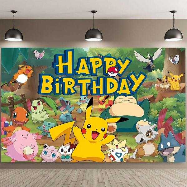 pokemon 1 pezzo Autorizzato Decorazione da tavolo per festa di compleanno con Pikachu, personaggio dei cartoni animati Pokemon, tema foresta animale - 210 x 150 / 150 x 100 / 100 x 75 cm, Sfondo fotografico per festa di compleanno, battesimo neonato, torta, cabina fotografica, decorazione studio, regalo di compleanno