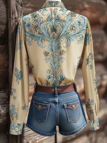 Women's Western Style Elegant Retro Bohemian Style Printed Long Sleeved Shirt, Casual And Fashionable Bohemian Elegant Blouses For Women - 卡其色 - 查看 2