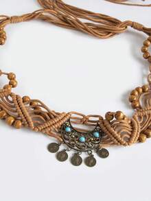 1 st. midjebälte i bohemisk stil med vävda träpärlor, knutna, sommar, skola, höst, halloween - 3 stora pärlor midjerep - Visa 9