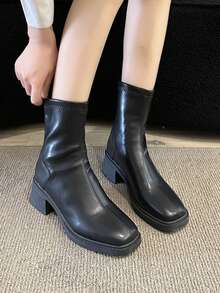 女士弹力靴，新款时尚粗高跟踝靴，通勤修身短靴 - 黑色 - 查看 4