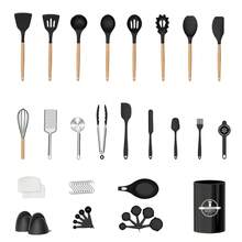 43pcs Wooden Handle Silicone Kitchen Utensil Set, Non-Stick Cookware Tools, Includes Spatula, Scraper, Spoon, Whisk, Basting Brush, Food Tongs, Pizza Cutter, Dishwasher Kitchen Gadgets With Stand For Baking And Cooking