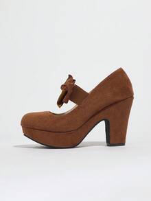 Women's Black Chunky Heel Closed Toe Low Block High Heel Pumps, Round Toe Work Shoes With Bow Decor Mary Jane, Comfortable Women's Formal Shoes, Christmas Gift - 棕色 - 查看 6