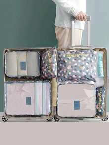 6pcs/Set Travel Luggage Organizer Set - Packing Cubes, Toiletry Bag, Compression Pouches, Garment Bags, Cosmetic Bag, Shoe Bag. Suitable For Cosmetics, Skincare, Makeup, Stationery, Electronics, Holiday Gifts - Blue Flowers - View 3