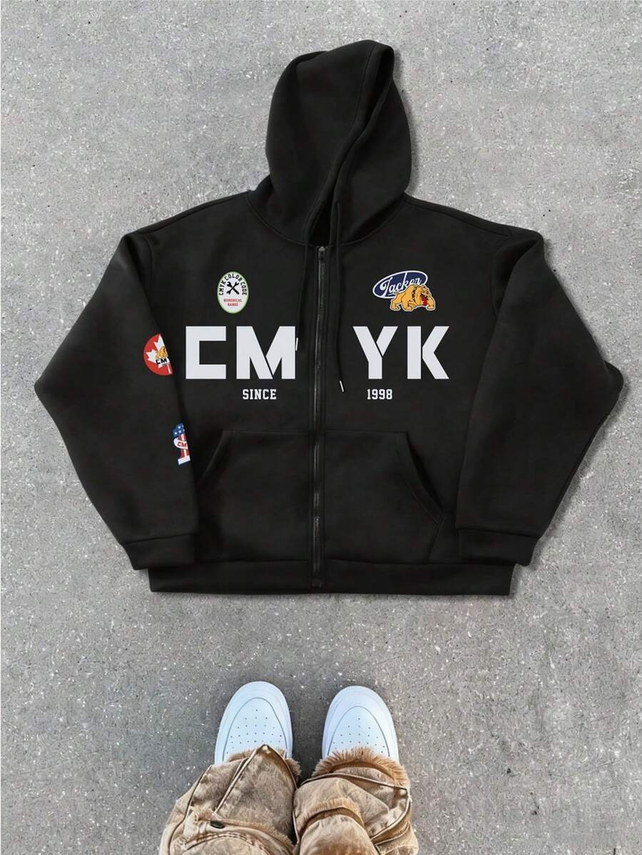 冬季保暖连帽卫衣,男士新款复古CMYK字母印花拉链连帽外套,美式街头风多徽章装饰个性化弹力柔软外套 - 黑色 - 查看 1