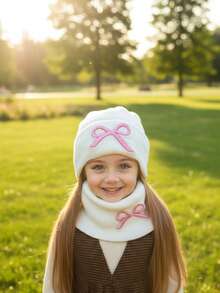 2pcs/Set Girls Embroidered Bow Knit Hat + Scarf Two Pieces Set, Warm Embroidered Bow Knit Set For Autumn/Winter, Children Two Pieces Knit Hat Set, Fashion Knit Hat Set