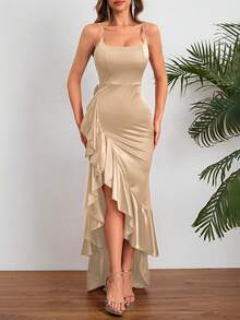 Women Summer Dress, High-End Elegant Sexy Spaghetti Strap Ruffle Hem Slit Dress Party Dress For Women, Suitable For Valentine's Day, Dates, Gatherings, Parties, Travel, Vacation, Beach Wedding Spring - Rượu sâm banh - Xem 7