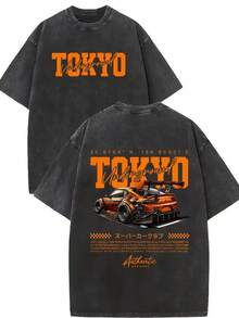 Men's Retro Tokyo Racing Pattern T-Shirt - Vintage Drift Car And Japanese Print, Loose Casual Street Style, Brown With Orange Letters Summer Short Sleeve Top, Washed Texture  Fashion Design, Soft Fabric,  Brand Loose Fit, Hip Hop Street Style, Unisex, Home Daily Wear - 黑色 - 查看 6