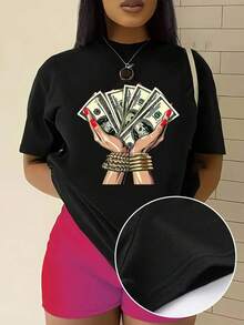 Camiseta de Cuello Redondo con Estampado de Dólar, Camiseta Casual de Manga Corta para Primavera y Verano, Ropa de Mujer - Negro - Ver 2