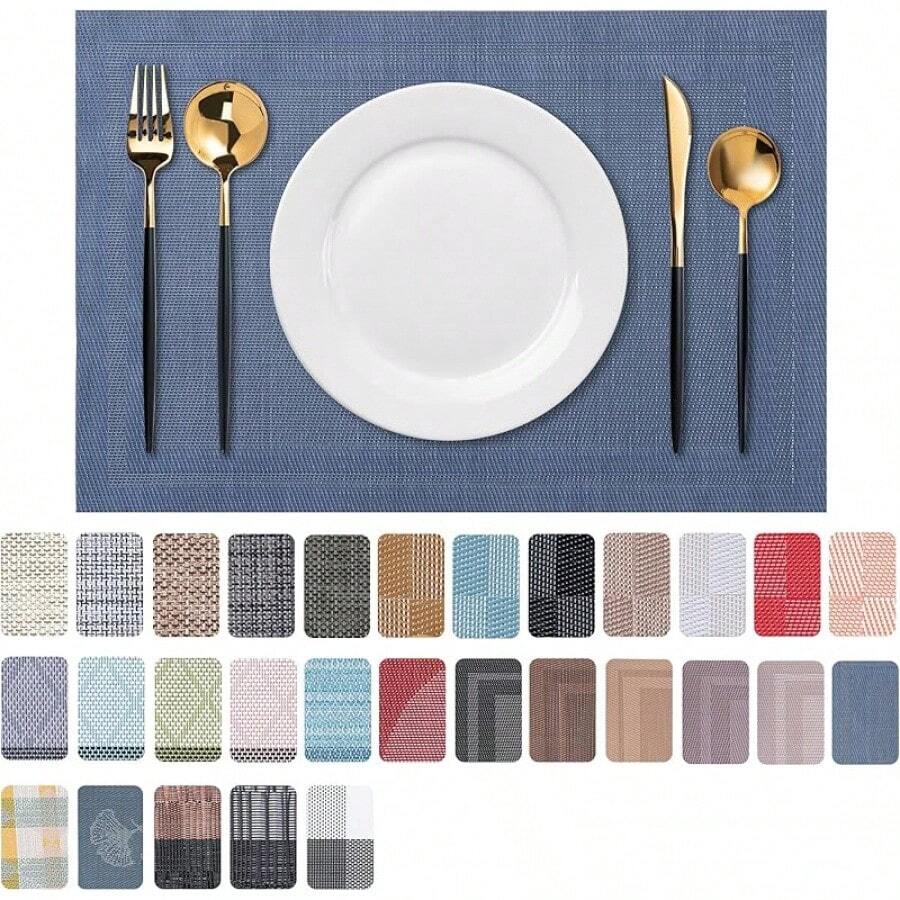 Juego de 4 manteles individuales de vinilo lavables para uso interior/exterior - H-Estilo simple-Azul profundo - Ver 1