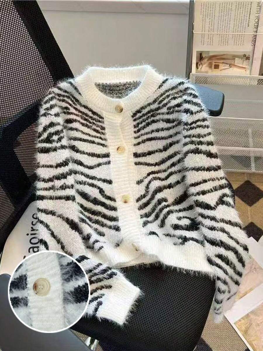 Soft Faux Mink Zebra Print Women Casual Sweater, Tiger & Zebra Striped Ribbed Button Front Fuzzy Pullover For Home, Beach, Holiday, Halloween, Christmas, Valentine's Day, Spring/Autumn, Autumn/Winter