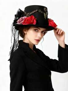 1pc Women Steampunk Hat, Solid Color Wide Brim Decorated With Metal Eyeglasses, Teeth, Chain, Felt Round Crown Costume Party Hat, Unisex Design - Multicolor - View 20