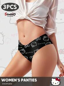 Sanrio 3pcs/Pack Sanrio Hello Kitty Low Waist Graphic Seamless Fit Briefs For Women