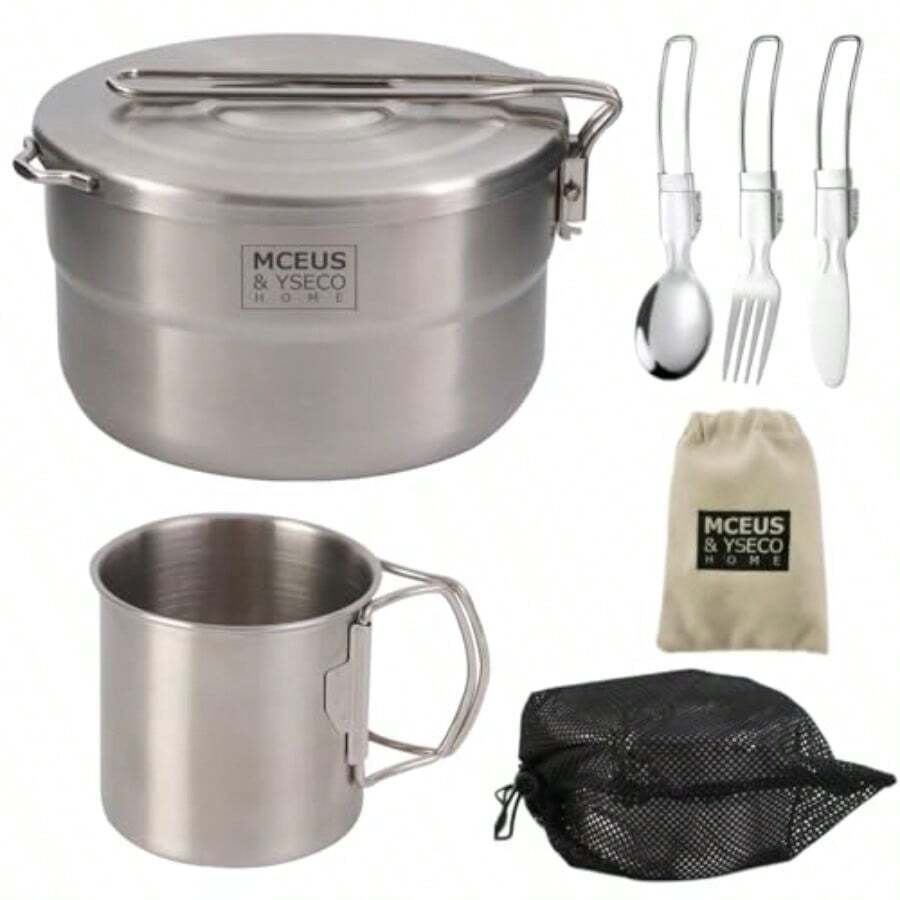 Compact Camping Pot Backpack Mess Kit 18/8 Stainless Steel Camping Pot And Pan Cooking Set Lightweight Camping Cup With Folding Camping Silverware Set For Outdoor Camping Hiking Picnicgift - 不鏽鋼素色 - 查看 1
