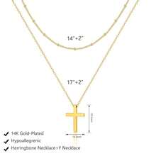 Luxval Lariat Gold Necklace For Women, Dainty Long Necklace 14k Gold Plated/Silver Y-Shaped Pendant Necklaces  Beaded Chain Drop Necklaces Jewelry For Women Gifts{"Color_name":"Gold-LayeredCross"} - 金疊十字架 - 查看 3