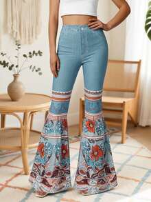 Plus Size Women Denim Effect High Stretch Loose Flare Pants With Pleated Patchwork Hem, Creative Design Casual Comfortable Wide Leg Trousers - Blue - View 3