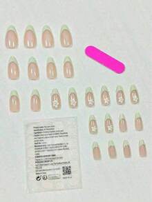 24pcs Almond Shape Minimalist Floral Green Accent 3D French Style Artificial Nail Tips, Sweet & Elegant Design Suitable For Office Ladies, Daily Occasions, Meetings, Dates, Press On Nails, Nails Press On, Christmas & New Year Nails - Nhiều màu - Xem 3
