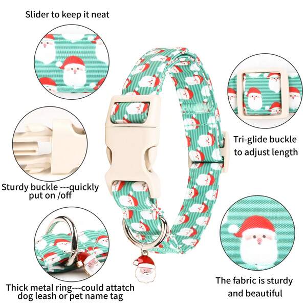 1pc Singing Pet Collar, Green Striped Santa Claus Pattern, Durable Metal Buckle, Cute Pet Christmas Outfit With Elegant Santa Pendant, Suitable For Medium To Large Dogs, Great Holiday Party Gift