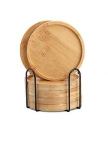6PCS Bamboo Coasters With Holder - Multipurpose Cup Mats For Large Glasses, Goblets, Coffee Mugs, Succulent & Plant Mats, Natural Wood Drink Coasters For Home Kitchen Bar Decor