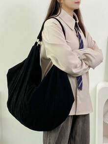 1 件大容量简约黑色单肩包，日式风格手提包，柔软灯芯绒面料女士斜挎包，独特设计，拉链开合，休闲百搭背包，适合工作、学校、旅行，适合秋冬季，男女通用 - 黑色 - 查看 5
