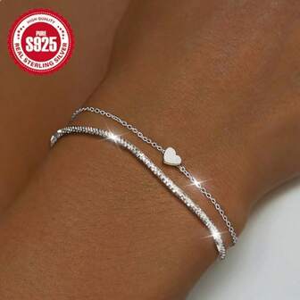Elegante pulsera de doble capa con forma de corazón en plata de ley S925, estilo minimalista brillante, regalo perfecto para novia/hija en Acción de Gracias, Navidad - 3.2g, joyería con forma de corazón, brócoli, moda