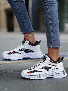 1 Pair Patchwork Color-Block PU Lace-Up Canvas Breathable New Skull, Pumpkin, Tombstone, Ghost, Spider & Spider Web, Bone Random Print Round Toe Platform Sneakers, Halloween Gift For Teenagers - Black - View 6