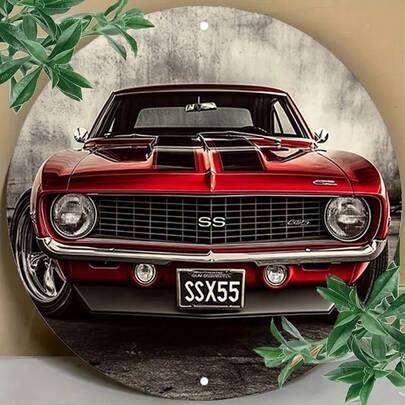 Room Decor 1pc Retro Camaro SS Metal Sign, Vintage Red Car Bold Front View, Round Poster, Wall Art For Bar, Cafe, Beach House, Backyard, 7.8x7.8 Inch.