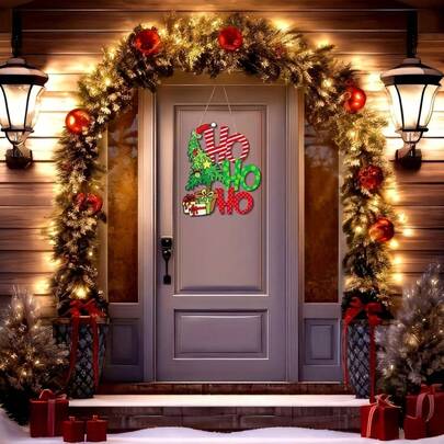 1 pezzo Decorazione natalizia da appendere alla porta - HO HO HO! Logo festivo rosso e verde con regalo, pendente in legno artificiale per porta, uso interno/esterno - facile da appendere con corda - senza elettricità necessaria - decorazione per porta, parete, albero, decorazione stagionale per la casa, design divertente, decorazioni resistenti alle intemperie, decorazione per la casa