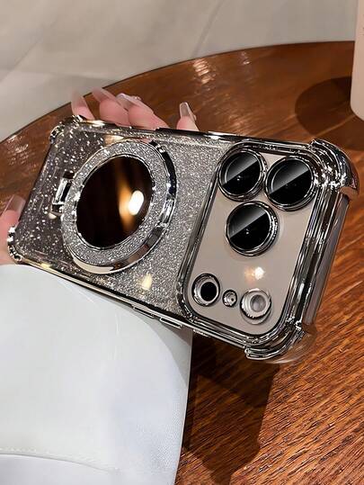 Luxury Plating Glitter Clear Mirror Bracket Phone Case Compatible With IPhone 17 Air 16 E 15 14 Plus 13 12 11 16 Pro Lens Protect Shockproof Cover