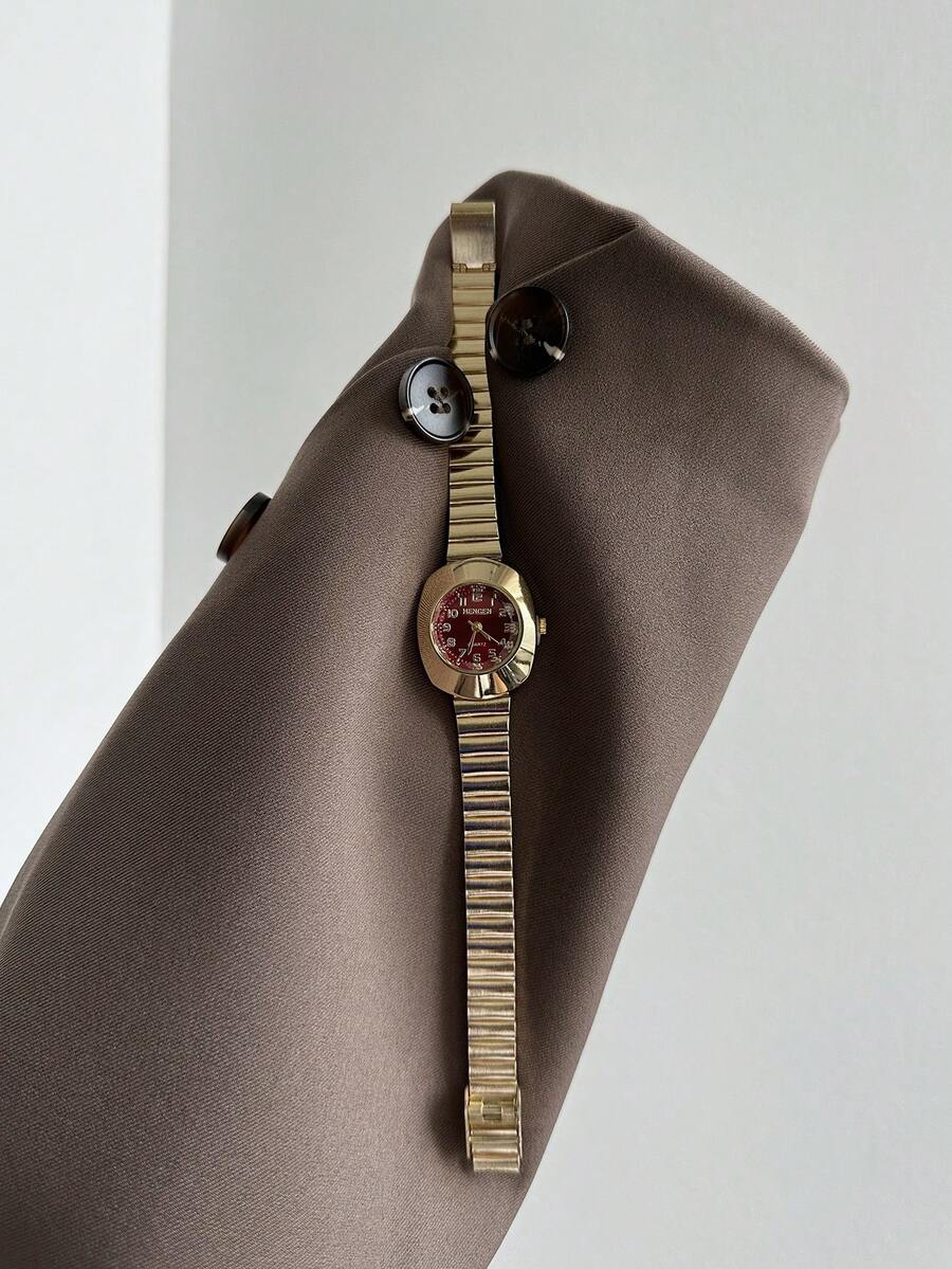 1 pieza Reloj de cuarzo con correa de bambú para mujer, reloj minimalista casual con hebilla plegable, adecuado como regalo de vuelta al colegio, cumpleaños, San Valentín o Año Nuevo - Dorado - Ver 1