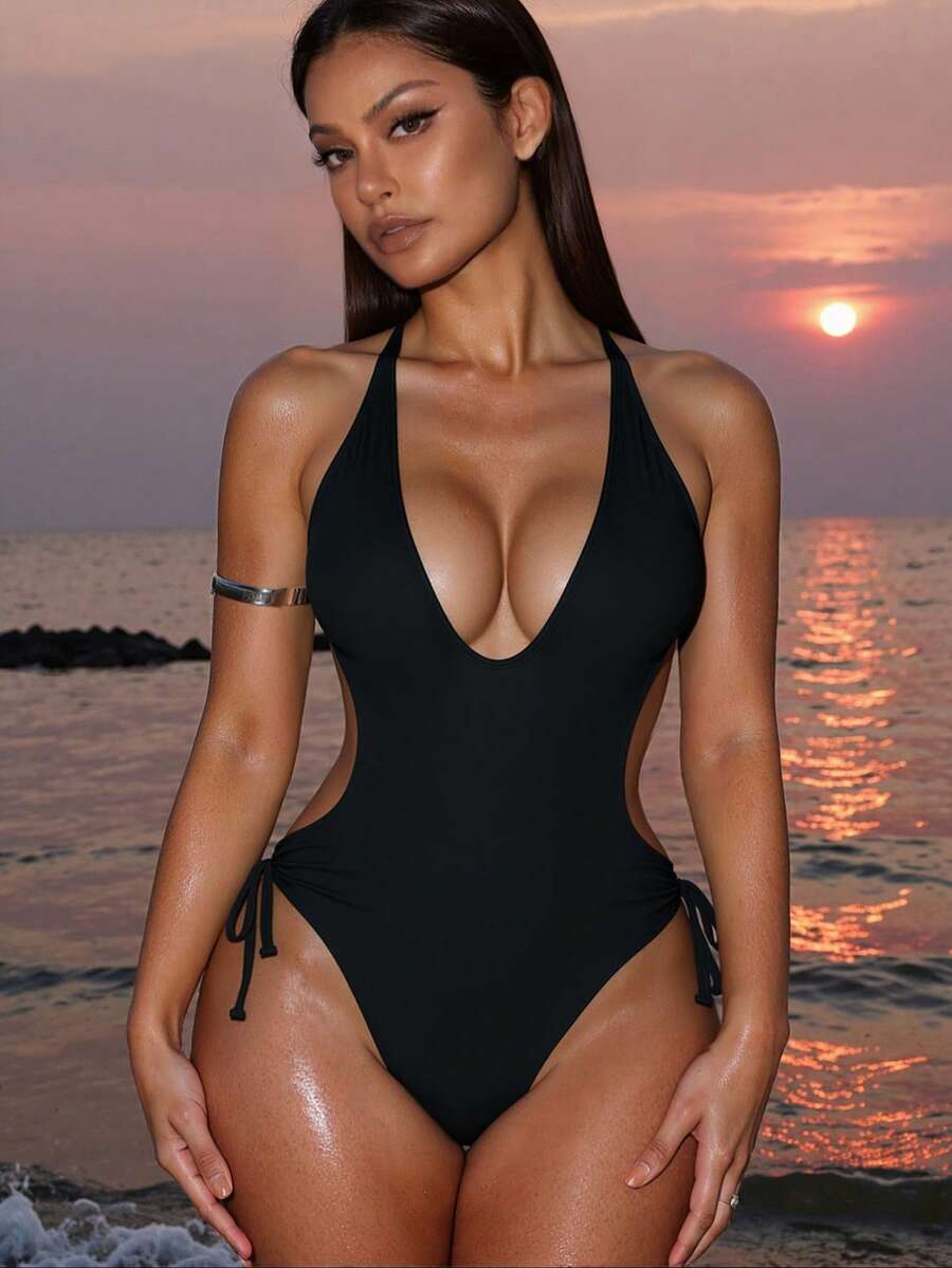 Swim SXY 1 bộ đồ bơi Monokini liền thân màu đen gợi cảm cho kỳ nghỉ hè trên bãi biển dành cho nữ - màu đen - Xem 1