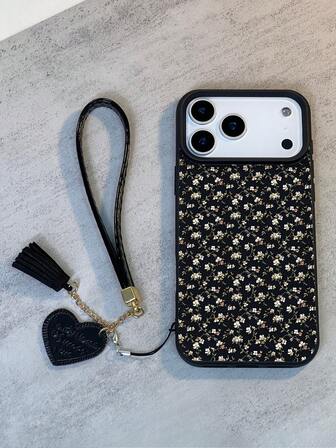 1 件新款简约花卉图案防水防摔防滑优质软皮纹理手机壳 + 时尚心形仿皮挂绳，适用于 Apple 手机，是送给朋友、家人、情侣、生日、节日的绝佳礼物