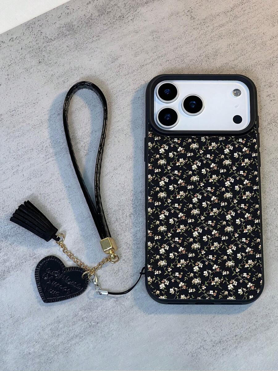1 carcasă de telefon cu textură din piele moale de înaltă calitate, impermeabilă, antiderapantă, cu model floral simplu, cu model floral simplu + curea de piele ecologică în formă de inimă la modă, compatibilă cu Apple, telefoane, cadou excelent pentru prieteni, familie, cupluri, ziua de naștere, sărbători