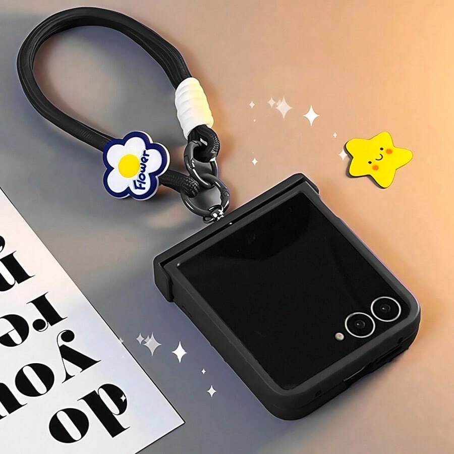Luxury Minimalist Black Phone Case With Floral Lanyard, Compatible With Samsung Galaxy ZFlip7 Z Flip6 ZFlip 5 Zflip6 Zflip5, Shock-Resistant Back Cover, Also Compatible With Motorola Phone Cases - 黑色 - 查看 1