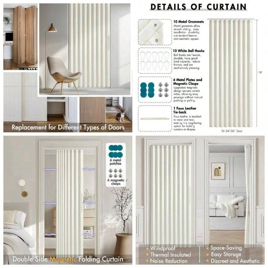Accordion Style Magnetic Folding Door Curtains DoorwaysCloset, Room Divider Pleated Drapes With Hooks Interior Living RoomBedroomOpen Closet, White, W39x L78 Inches, 1 Panel - 39 英吋寬 x 78 英吋長(1 包)+ 象牙色 - 查看 1
