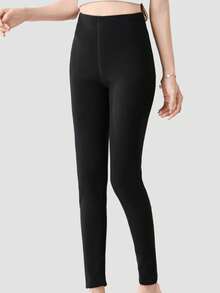 1 pieza Leggings térmicos forrados para mujer, pantalones ajustados de cintura alta elástica para uso diario en invierno - Negro - Ver 5