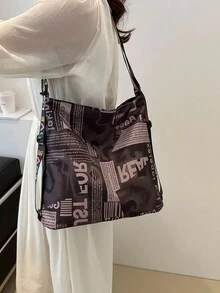 Bolso de mano de estilo retro y casual con estampado de letras en graffiti de poliéster, bolso de hombro minimalista de gran capacidad, adecuado para compras, calle, viajes y uso diario de mujeres