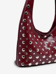 1pc Women's Retro Punk Crescent Moon Shaped Faux Leather Shoulder Bag, Large Capacity, Suitable For Outings, Parties, And Daily Wear , Goth , Punk - Burgundy - View 3