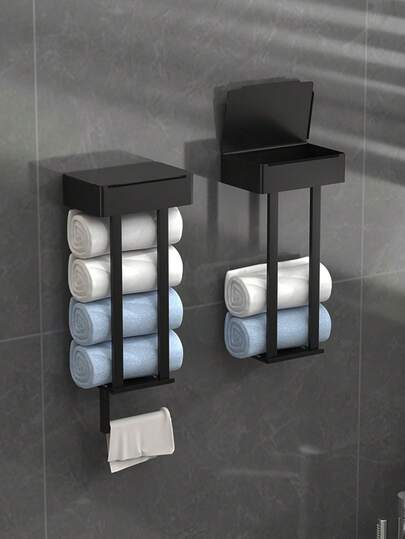 1pc Modern Design Style Wrought Iron Wall Mount Towel Rack With Storage Box - Multi-Function No Punching Bathroom Organizer For 4 Large Towels, Towel Bar/Paper Roll Holder/Phone Holder, Home Decor Accessory, Black