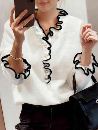 New Women's Autumn And Winter Fashionable Solid Color Black Trimmed Fungus Side Elegant And Comfortable Pearl Button Long-Sleeved V-Neck Sweater Pullover,Long Sleeve Tops