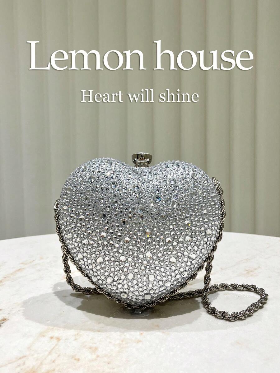 1 buah Tas Clutch Berbentuk Hati Berkilau Perak Glamor dengan Rhinestone, Tas Tangan Asimetris Mini Berbentuk Hati yang Lucu dan Berkilau, Cocok untuk Pesta Malam, Pernikahan, Perayaan, Hadiah untuk Wanita - Perak - View 1