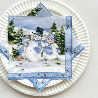 20pcs/40pcs/60pcs,Christmas Tree And Snowman Disposable Napkins 13x 13 Inches- Blue Snowman Snowflake Napkins For Christmas, New Year Xmas Holiday,Cocktail Napkins For Winter Holiday - Merry Christmas Bathroom Napkins