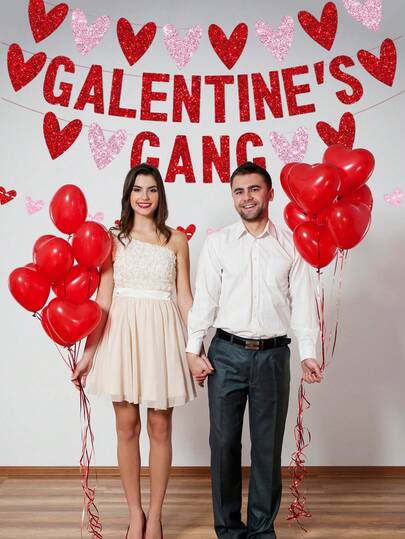 1 Set GALENTINE'S GANG Pink Glitter Letter Banner, Valentine's Day Party Background Decor Garland, Red Heart Letter Bunting Flags, Wedding Decoration Valentine's Day Banner, Galentine's Day Valentine's Anniversary Party Decor