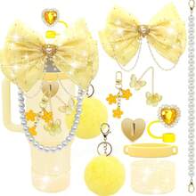 闪亮杯子配件，适用于 30 盎司 40 盎司 20 盎司带手柄的杯子，包括蝴蝶结吸管顶盖、吸管蝴蝶结装饰、皮革水瓶手柄带、靴子