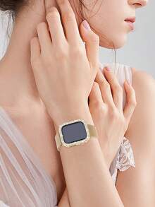 Compatible With Apple Watch Band And Case Combinations. Stylish And Casual, Perfect For Both Men And Women. Featuring A Soft, Breathable, Adjustable, Stainless Steel, Braided Loop With A Magnetic Clasp, Paired With A Drop-Resistant, Scratch-Resistant, Hard Pc Case With Two Rows Of Sparkling Diamonds. Compatible With Apple Watch Series Ultra, 11/10/9/8/7/6/5/4/3/Se, And Compatible With 38/40/41/42/44/45/46/49mm Bands And Cases. - Gold - View 9